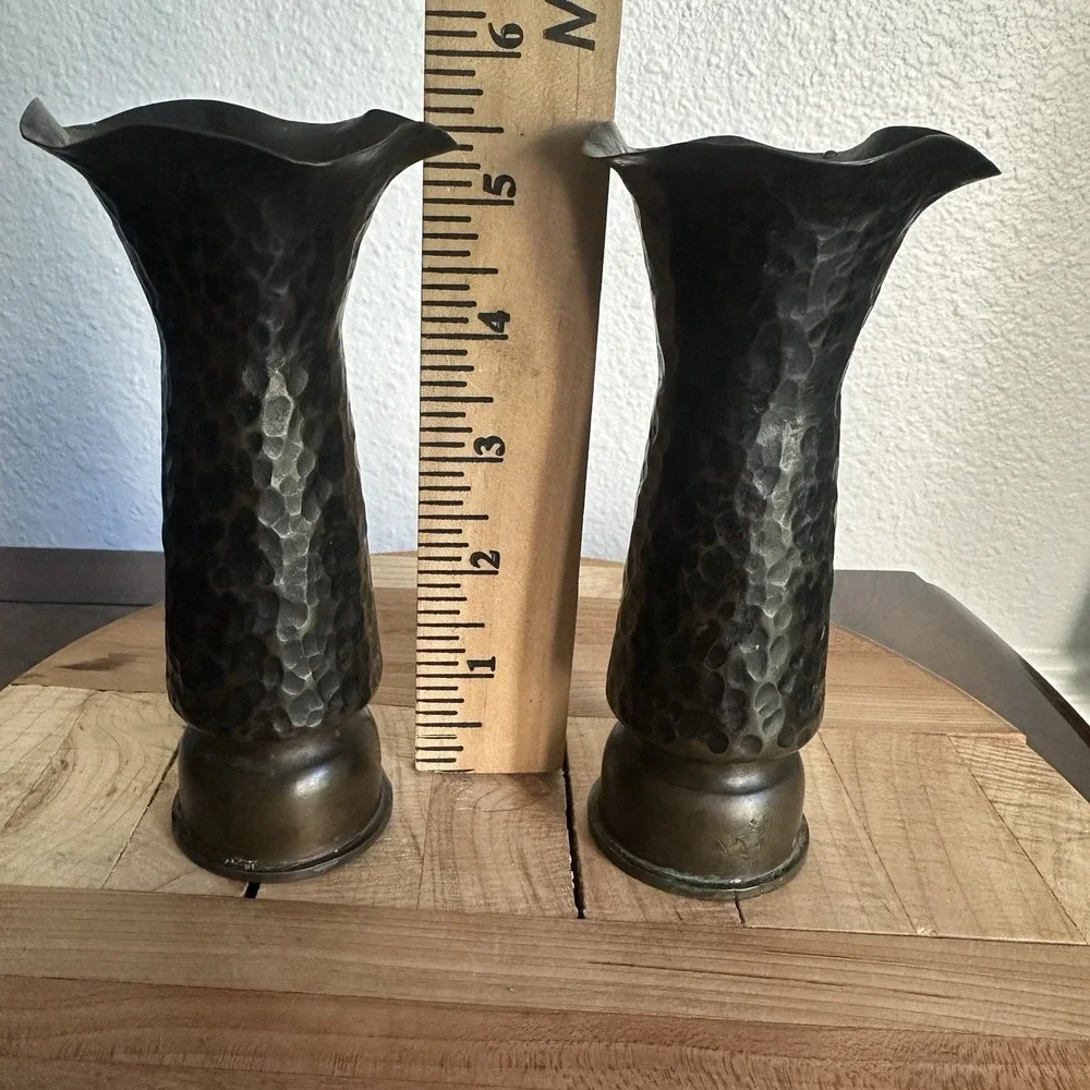 Pair WW1 1916 French Trench Art Vases 5.5 Inch Artillery Shell Brass‎ Dimpled